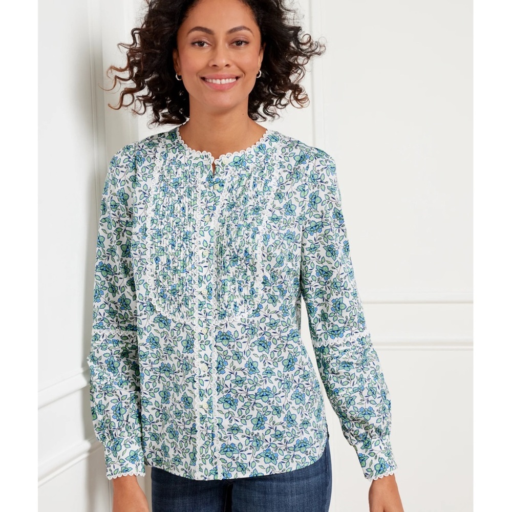 Talbots Scallop Lace Trim Top Blooming Daffodils Print Blouse Blue Green Size 3X
